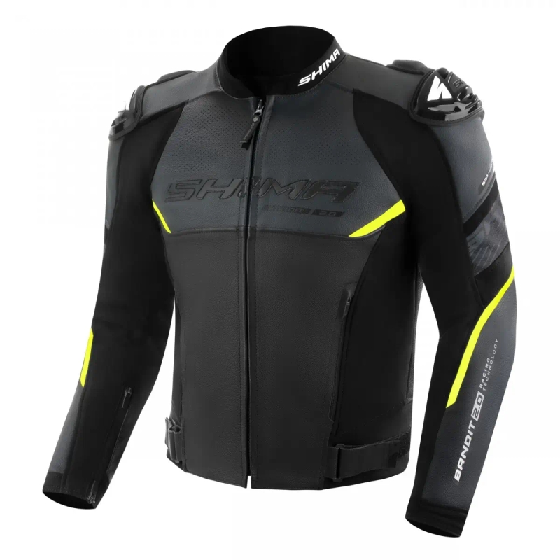 Shima Bandit 2.0 juoda-balta-fluo geltona odinė motociklininko striukė