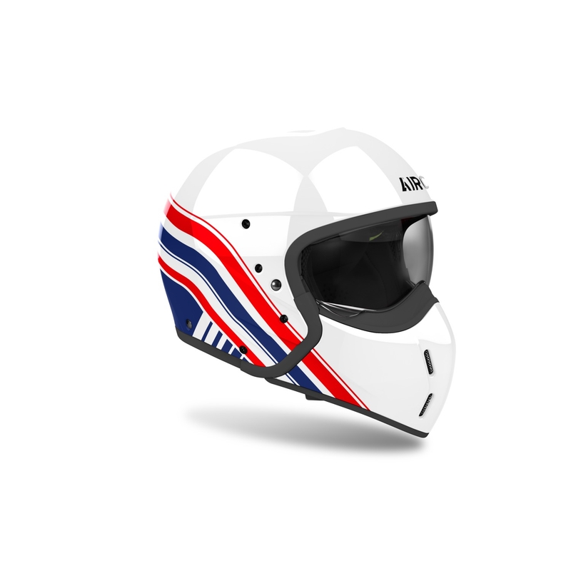 Modulinis motociklininko šalmas "Airoh J110 Eon" blizgus baltai-mėlynai-raudonas