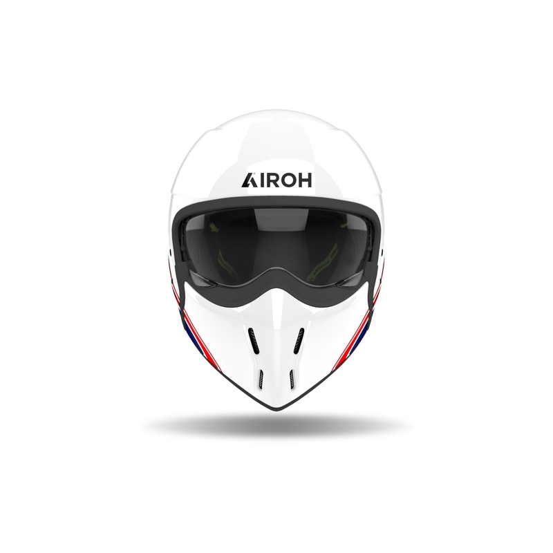 Modulinis motociklininko šalmas "Airoh J110 Eon" blizgus baltai-mėlynai-raudonas