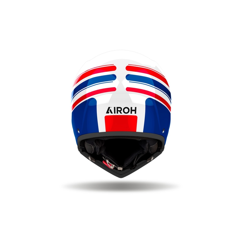 Modulinis motociklininko šalmas "Airoh J110 Eon" blizgus baltai-mėlynai-raudonas