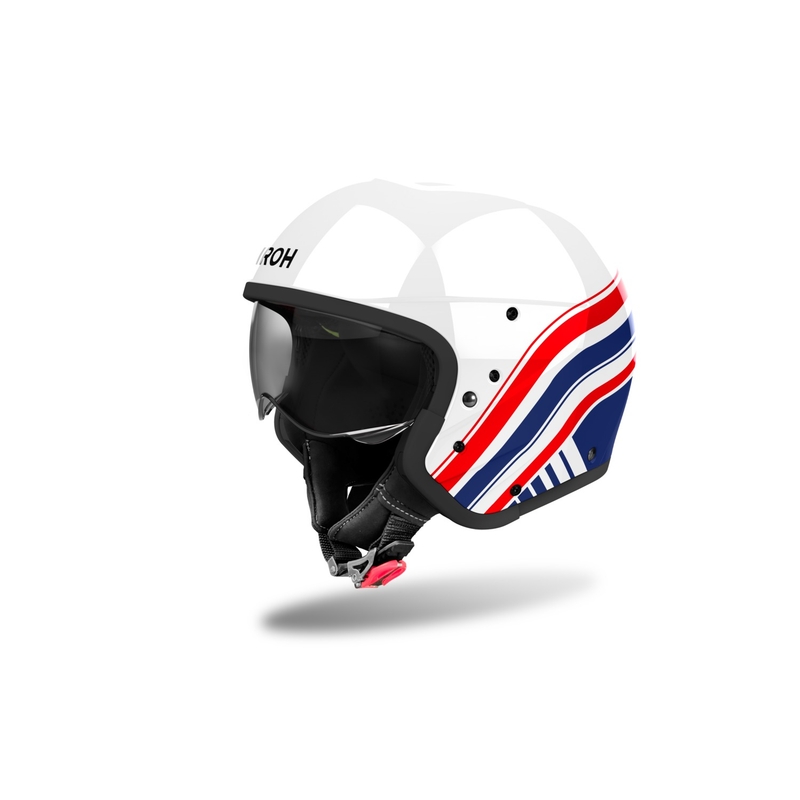 Modulinis motociklininko šalmas "Airoh J110 Eon" blizgus baltai-mėlynai-raudonas