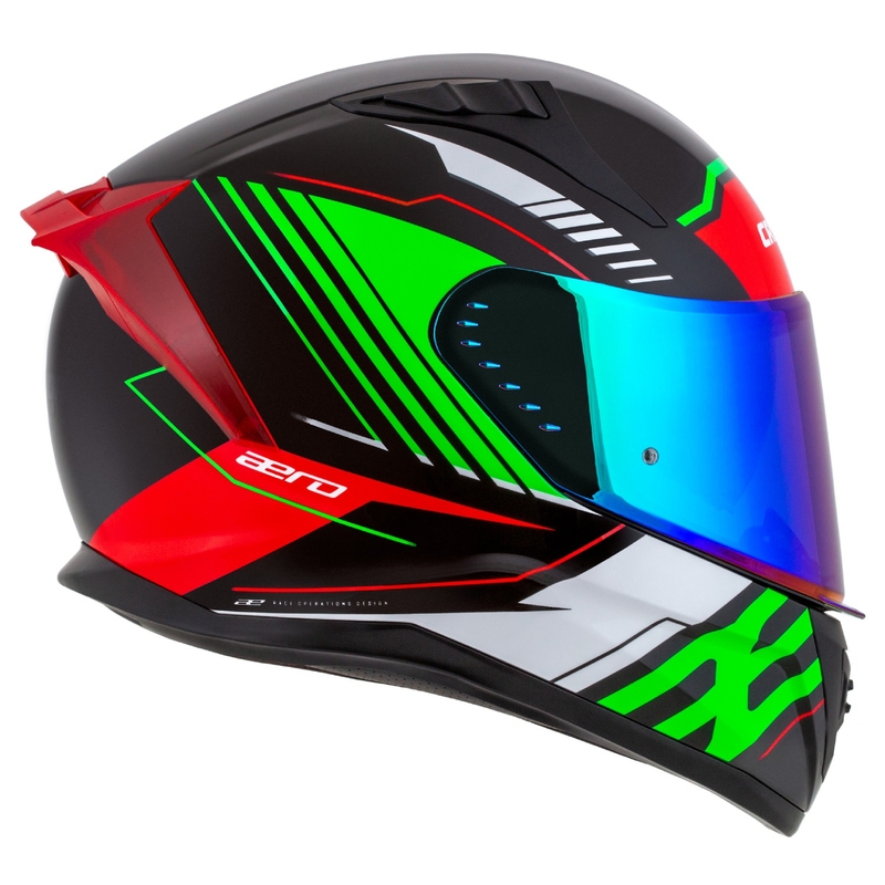 "Cassida Aero Drome" juodas-raudonas-žalias-baltas integralus motociklininko šalmas