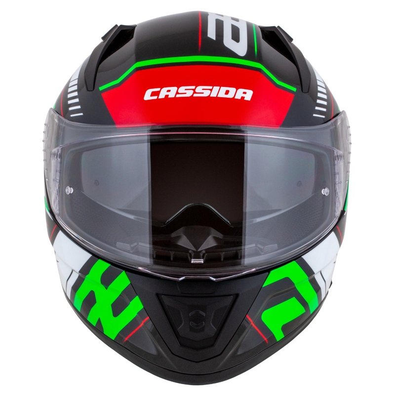 "Cassida Aero Drome" juodas-raudonas-žalias-baltas integralus motociklininko šalmas