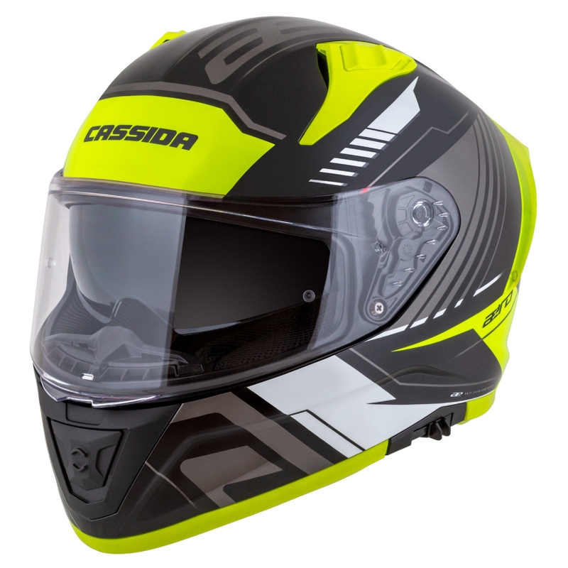 "Cassida Aero Drome" juodas-fluo geltonas-baltas-pilkas integralus motociklininko šalmas