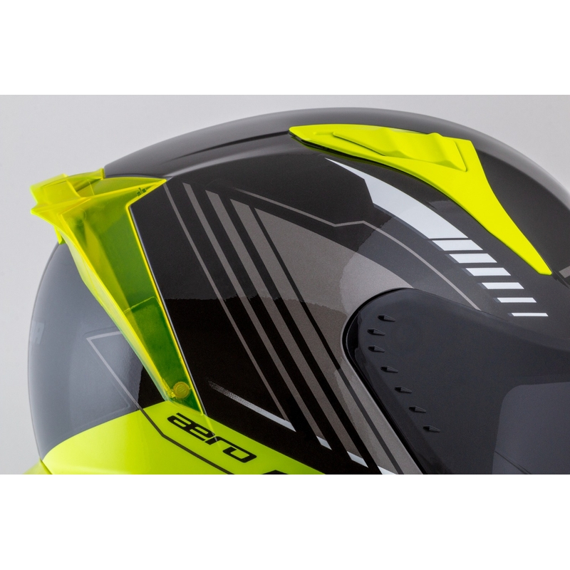 "Cassida Aero Drome" juodas-fluo geltonas-baltas-pilkas integralus motociklininko šalmas