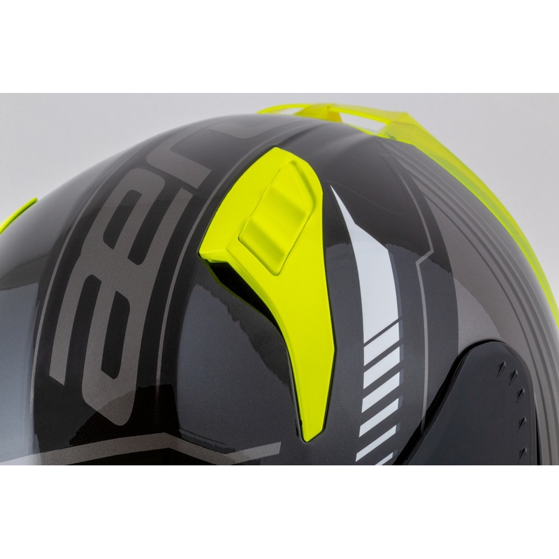 "Cassida Aero Drome" juodas-fluo geltonas-baltas-pilkas integralus motociklininko šalmas