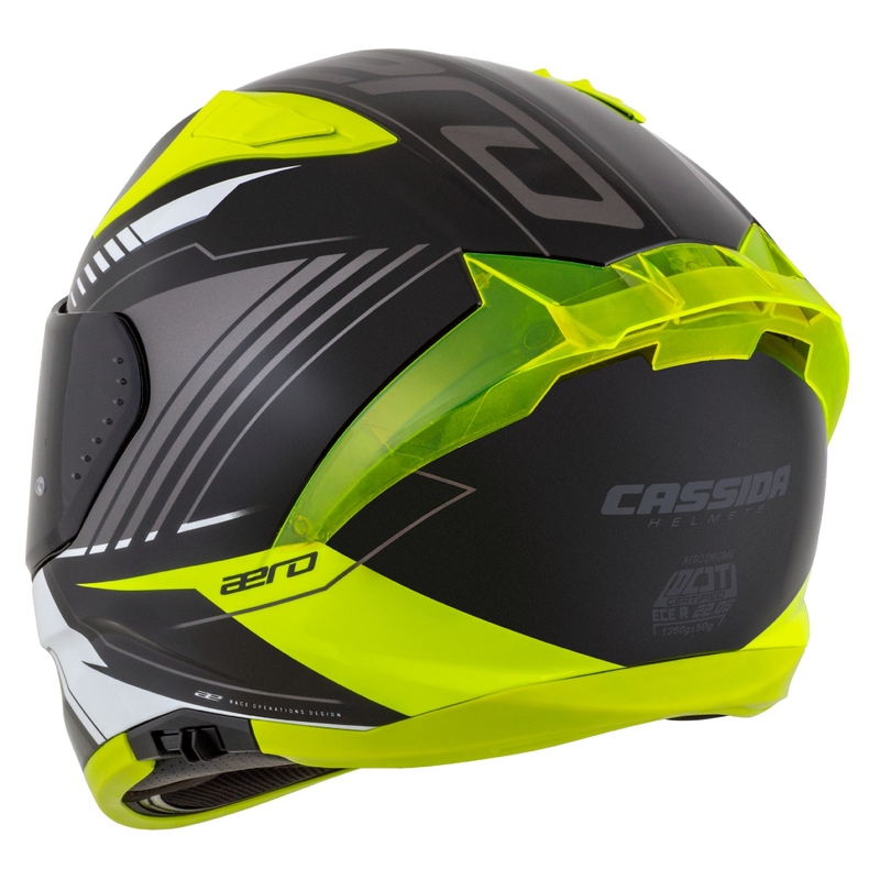 "Cassida Aero Drome" juodas-fluo geltonas-baltas-pilkas integralus motociklininko šalmas