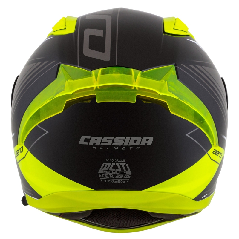"Cassida Aero Drome" juodas-fluo geltonas-baltas-pilkas integralus motociklininko šalmas