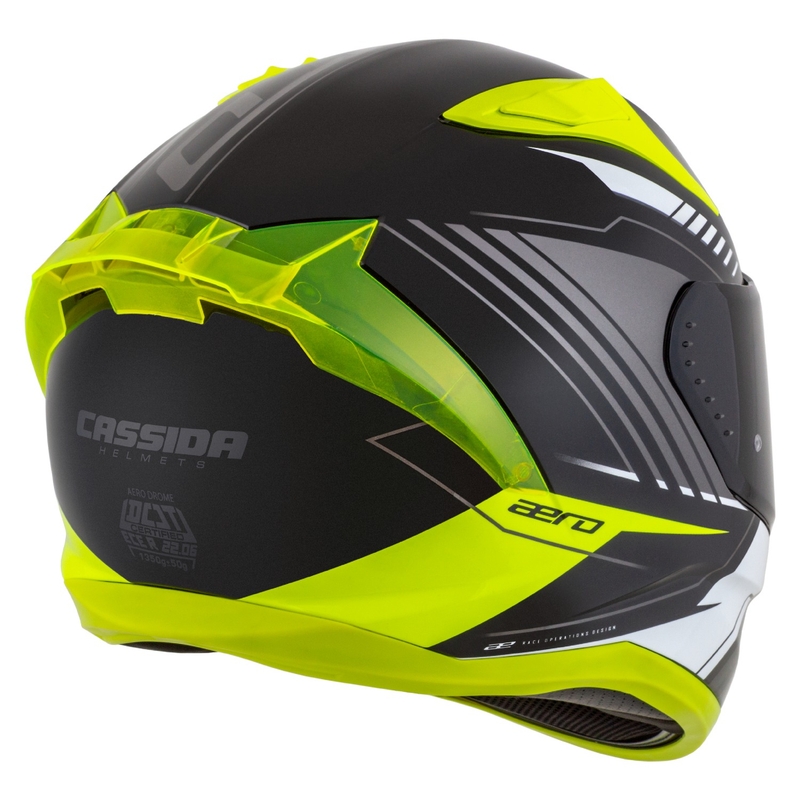 "Cassida Aero Drome" juodas-fluo geltonas-baltas-pilkas integralus motociklininko šalmas