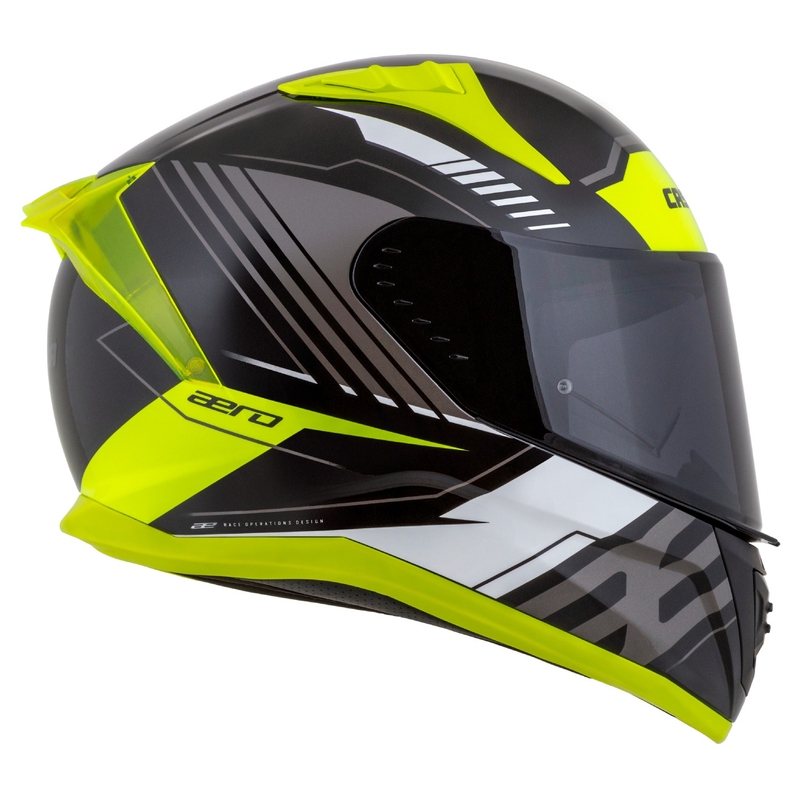 "Cassida Aero Drome" juodas-fluo geltonas-baltas-pilkas integralus motociklininko šalmas