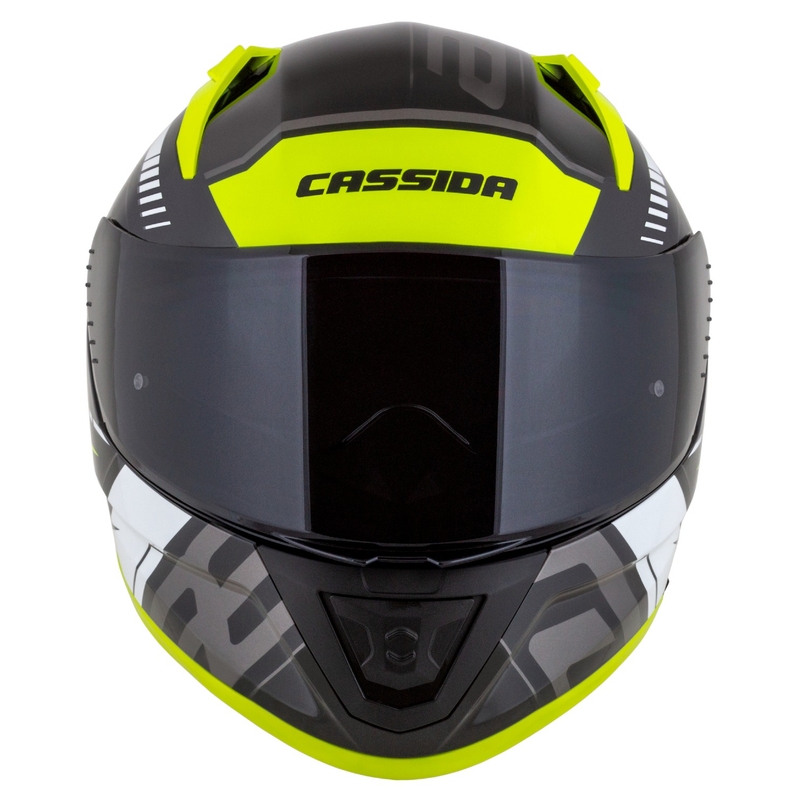 "Cassida Aero Drome" juodas-fluo geltonas-baltas-pilkas integralus motociklininko šalmas