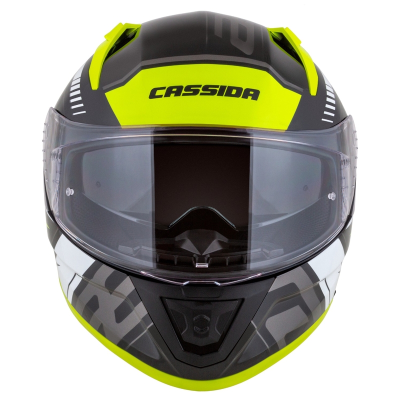 "Cassida Aero Drome" juodas-fluo geltonas-baltas-pilkas integralus motociklininko šalmas