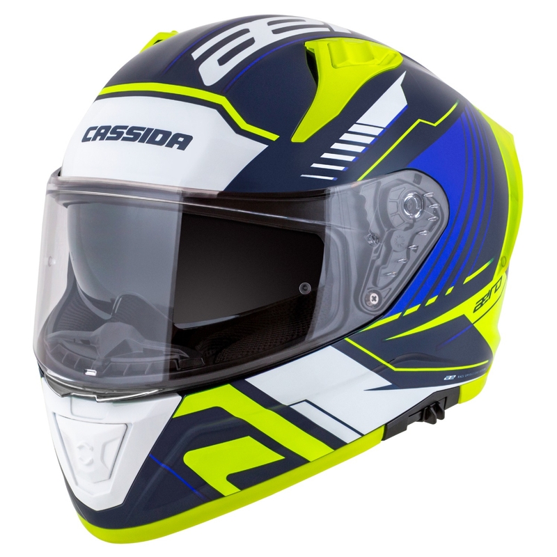 "Cassida Aero Drome" mėlynas-fluo geltonas-šviesiai mėlynas-baltas integralus motociklininko šalmas