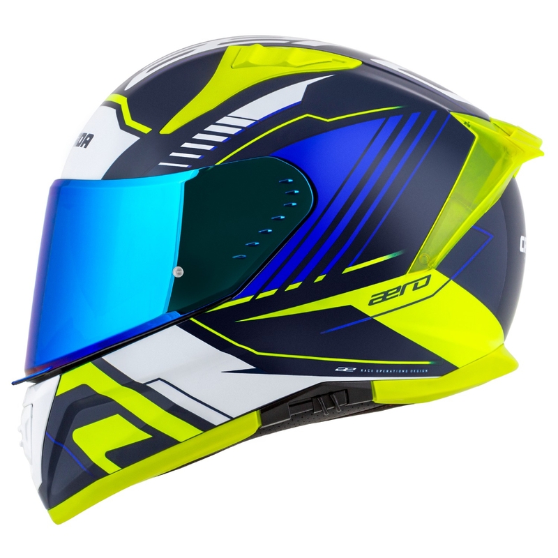 "Cassida Aero Drome" mėlynas-fluo geltonas-šviesiai mėlynas-baltas integralus motociklininko šalmas