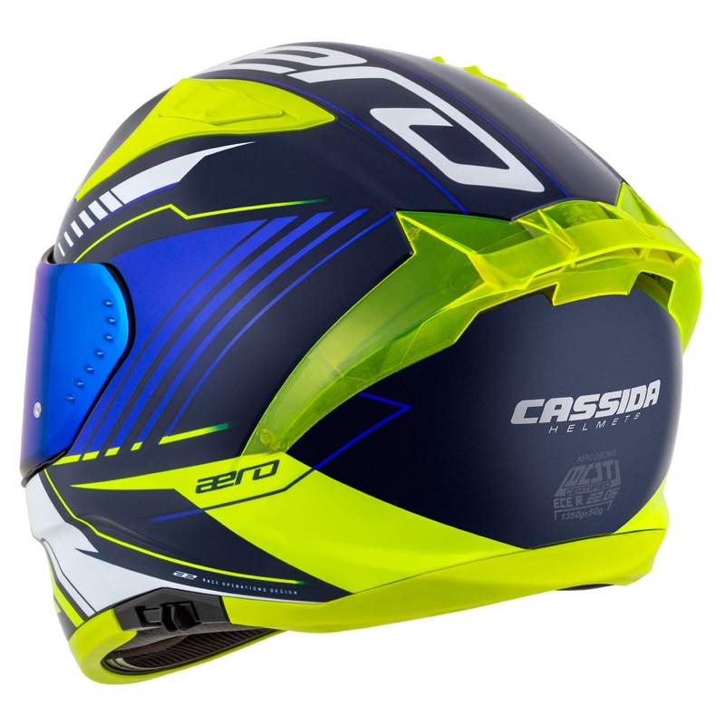"Cassida Aero Drome" mėlynas-fluo geltonas-šviesiai mėlynas-baltas integralus motociklininko šalmas