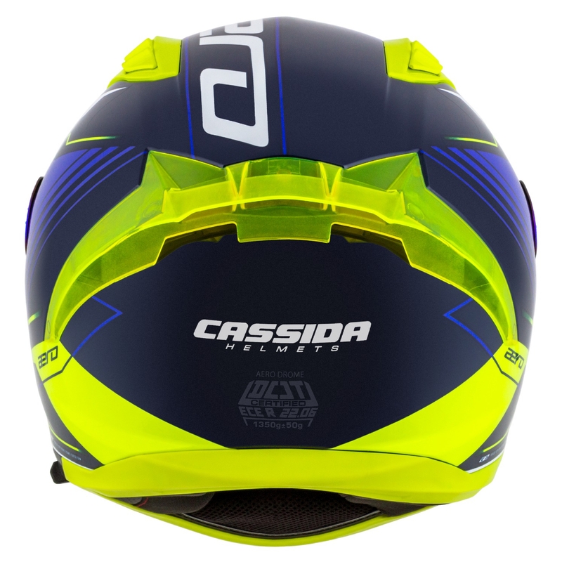"Cassida Aero Drome" mėlynas-fluo geltonas-šviesiai mėlynas-baltas integralus motociklininko šalmas