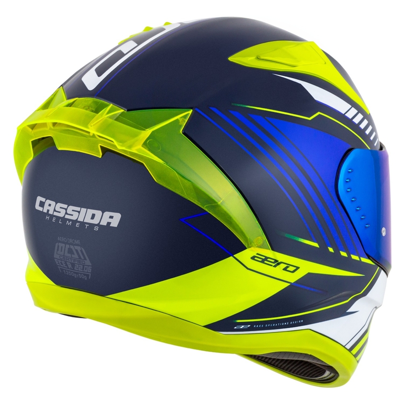 "Cassida Aero Drome" mėlynas-fluo geltonas-šviesiai mėlynas-baltas integralus motociklininko šalmas
