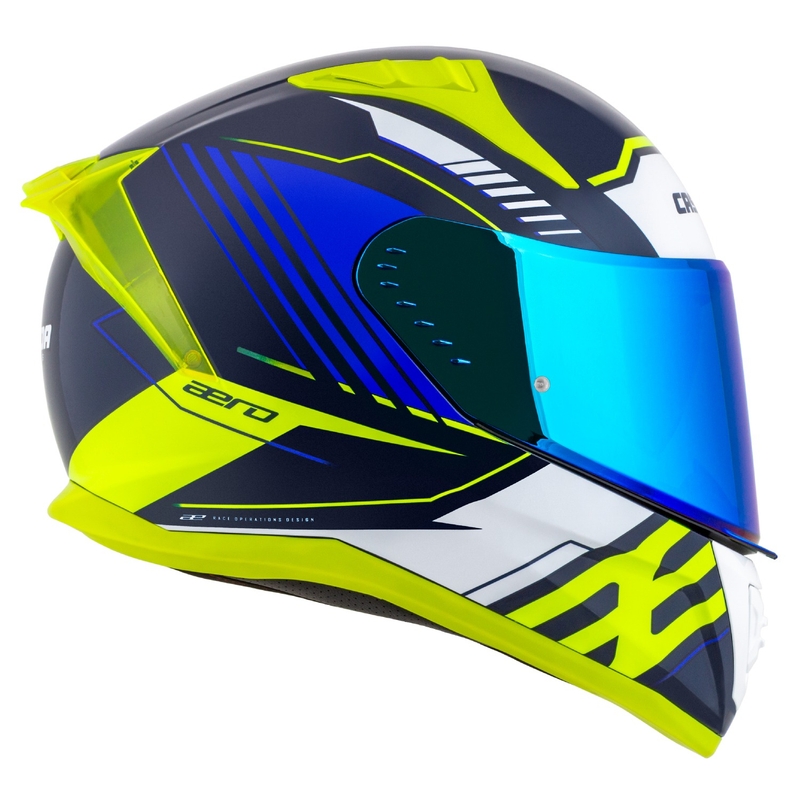"Cassida Aero Drome" mėlynas-fluo geltonas-šviesiai mėlynas-baltas integralus motociklininko šalmas
