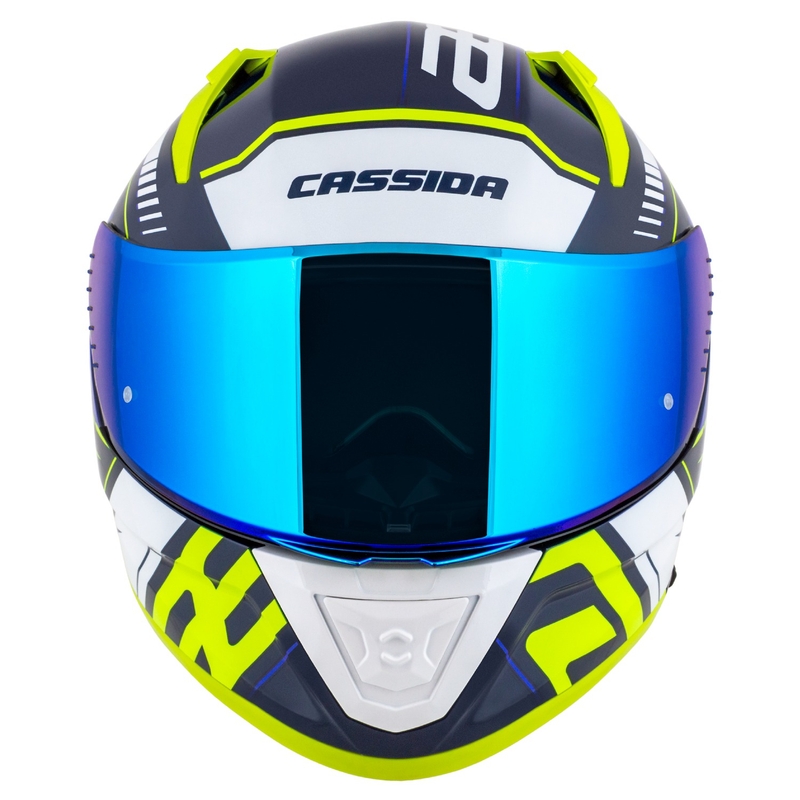 "Cassida Aero Drome" mėlynas-fluo geltonas-šviesiai mėlynas-baltas integralus motociklininko šalmas