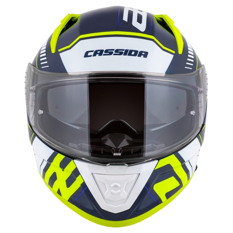 "Cassida Aero Drome" mėlynas-fluo geltonas-šviesiai mėlynas-baltas integralus motociklininko šalmas