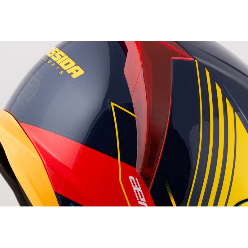 "Cassida Aero Drome" integralus motociklininko šalmas mėlyna-fluo geltona-oranžinė-raudona-šviesiai mėlyna-balta
