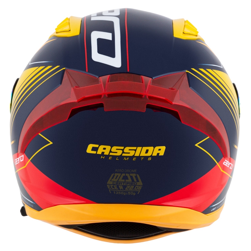 "Cassida Aero Drome" integralus motociklininko šalmas mėlyna-fluo geltona-oranžinė-raudona-šviesiai mėlyna-balta