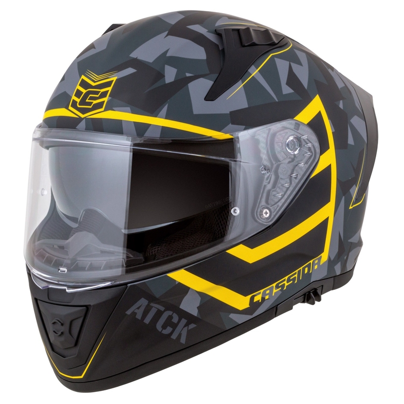 Integruotas motociklininko šalmas Cassida Aero camo pilkai-juodai-fluo geltonas