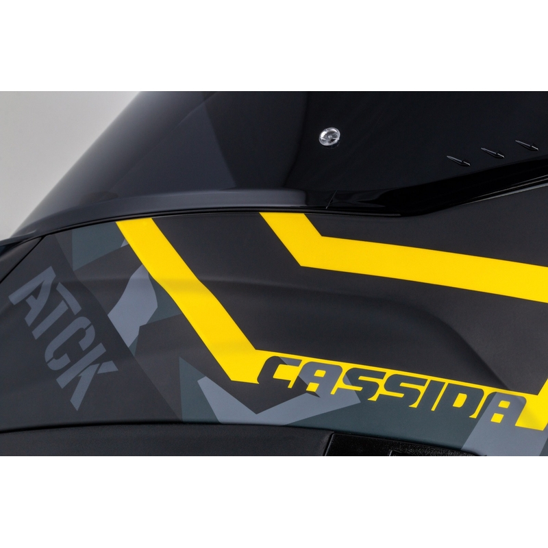 Integruotas motociklininko šalmas Cassida Aero camo pilkai-juodai-fluo geltonas