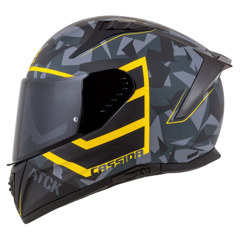 Integruotas motociklininko šalmas Cassida Aero camo pilkai-juodai-fluo geltonas