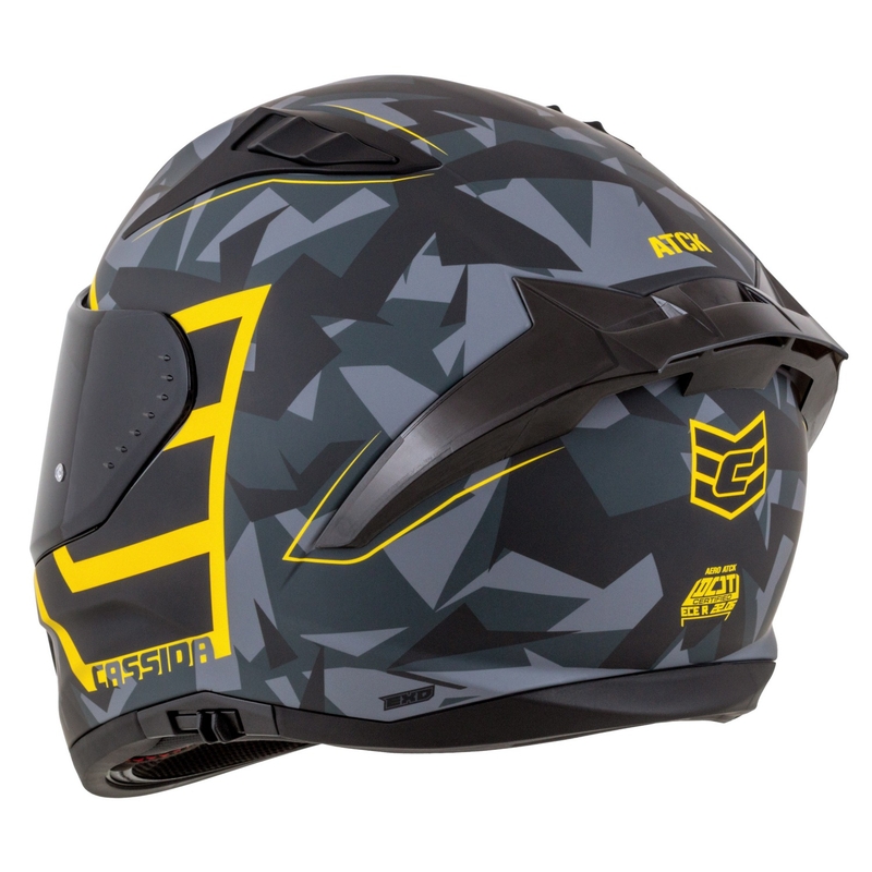 Integruotas motociklininko šalmas Cassida Aero camo pilkai-juodai-fluo geltonas