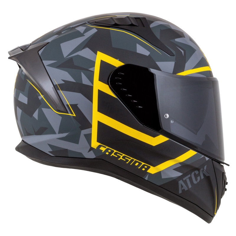 Integruotas motociklininko šalmas Cassida Aero camo pilkai-juodai-fluo geltonas