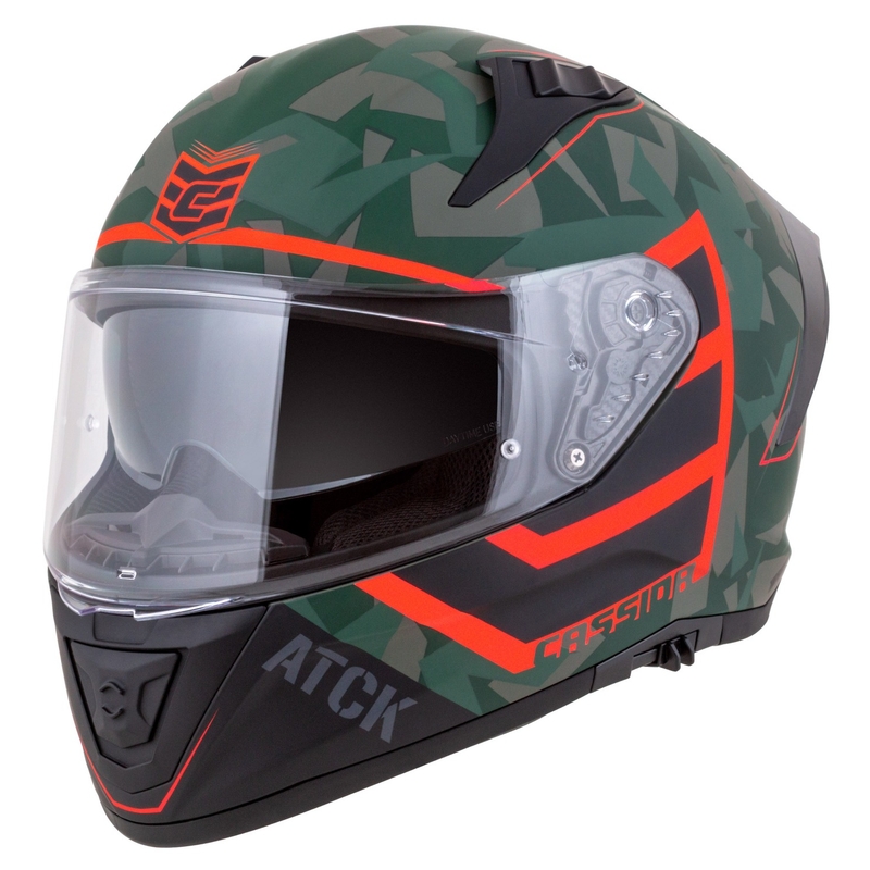 "Cassida Aero ATCK camo" žalias-juodas-juodas-pilkas-oranžinis integralus motociklininko šalmas