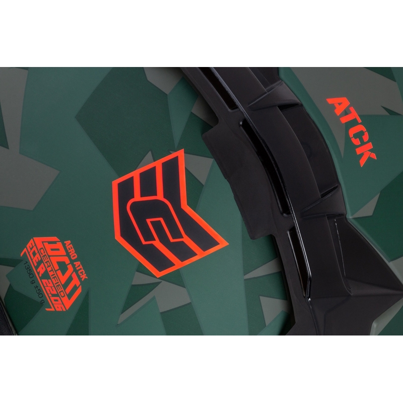 "Cassida Aero ATCK camo" žalias-juodas-juodas-pilkas-oranžinis integralus motociklininko šalmas