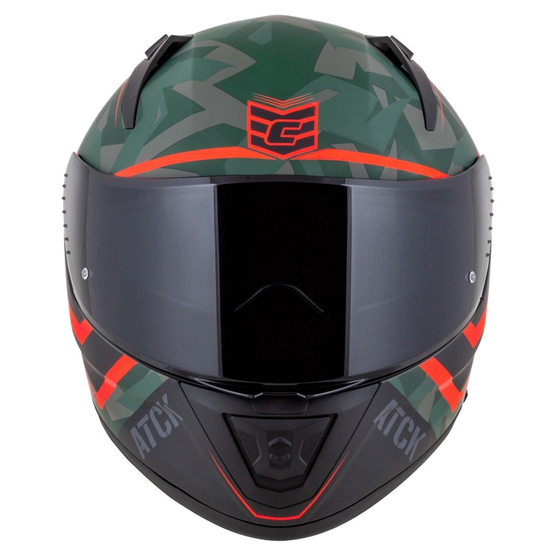 "Cassida Aero ATCK camo" žalias-juodas-juodas-pilkas-oranžinis integralus motociklininko šalmas