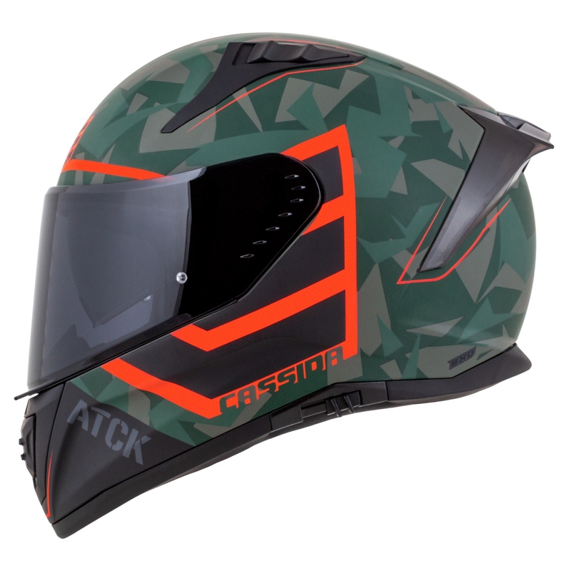"Cassida Aero ATCK camo" žalias-juodas-juodas-pilkas-oranžinis integralus motociklininko šalmas