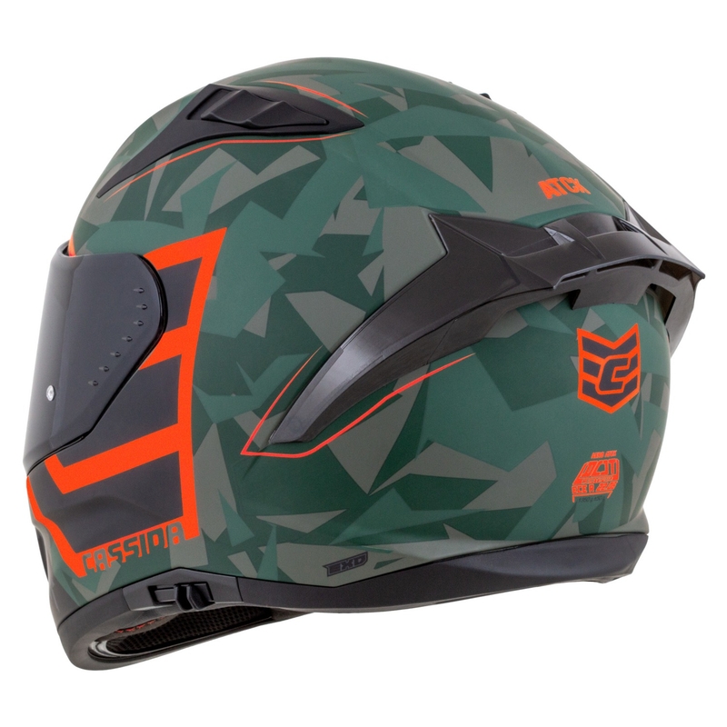 "Cassida Aero ATCK camo" žalias-juodas-juodas-pilkas-oranžinis integralus motociklininko šalmas