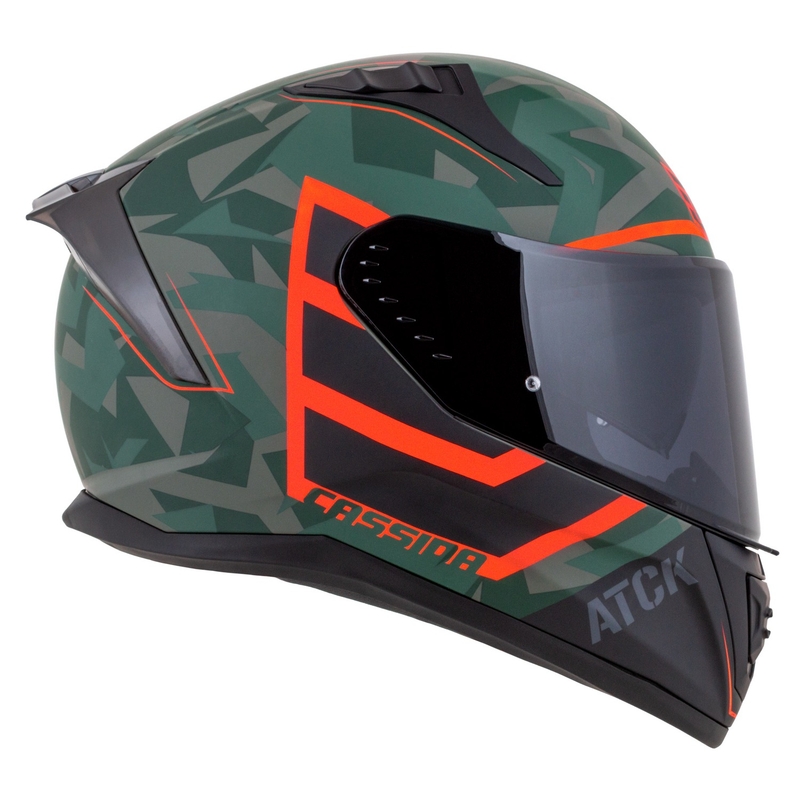 "Cassida Aero ATCK camo" žalias-juodas-juodas-pilkas-oranžinis integralus motociklininko šalmas