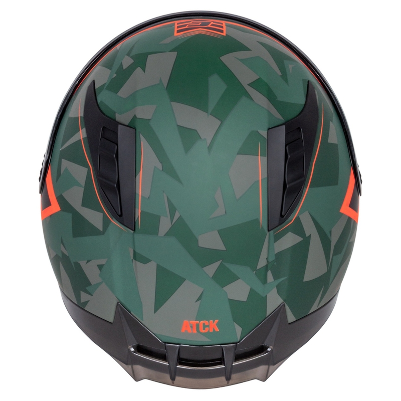 "Cassida Aero ATCK camo" žalias-juodas-juodas-pilkas-oranžinis integralus motociklininko šalmas
