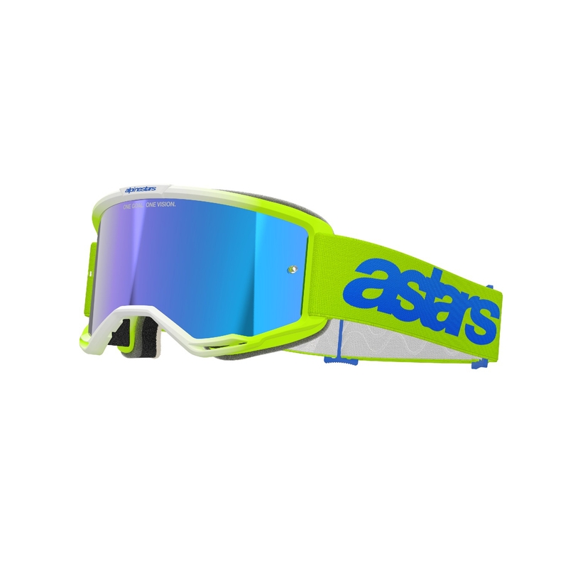 Alpinestars Vision 5 Blaze fluo geltonai-mėlyni motokroso akiniai su veidrodiniu mėlynu stiklu