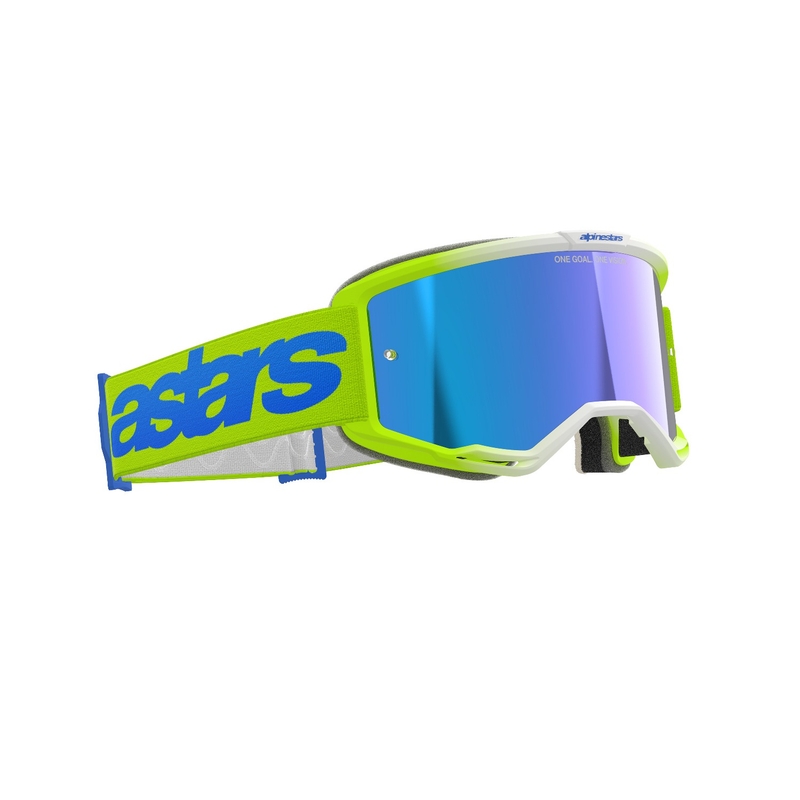Alpinestars Vision 5 Blaze fluo geltonai-mėlyni motokroso akiniai su veidrodiniu mėlynu stiklu