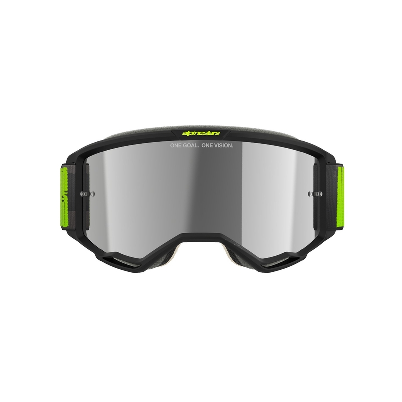"Alpinestars Vision 5 Hollow" pilkai geltoni motokroso akiniai su sidabriniais veidrodiniais stiklais