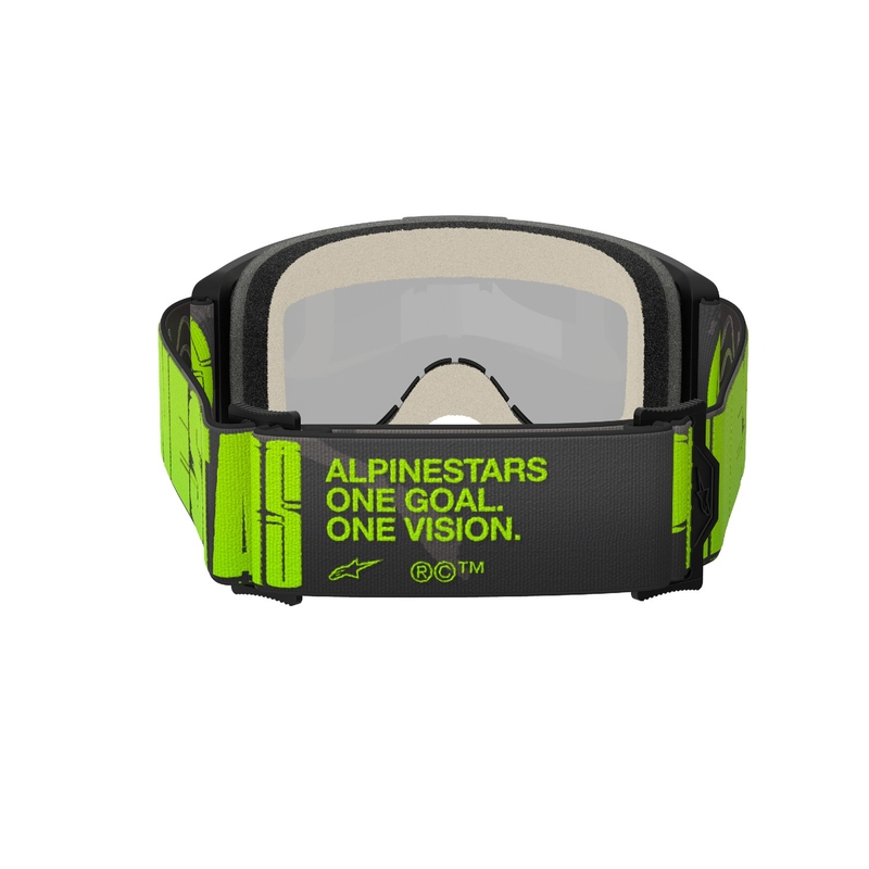 "Alpinestars Vision 5 Hollow" pilkai geltoni motokroso akiniai su sidabriniais veidrodiniais stiklais
