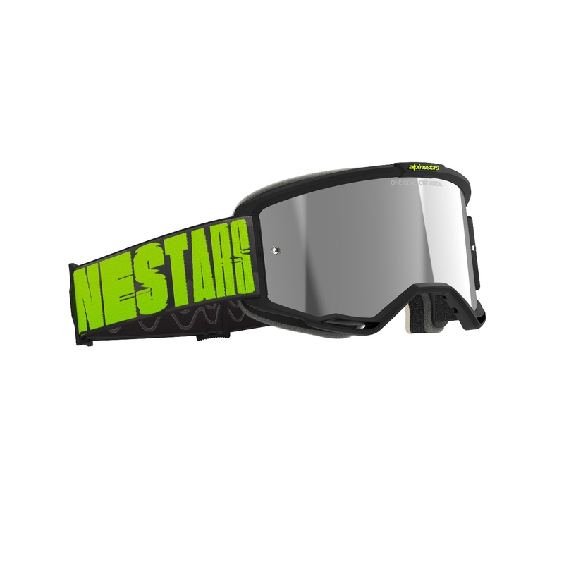 "Alpinestars Vision 5 Hollow" pilkai geltoni motokroso akiniai su sidabriniais veidrodiniais stiklais