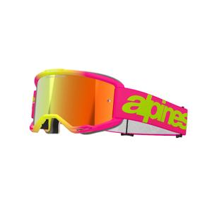 Alpinestars Vision 5 Wordmark rožinės ir fluoro geltonos spalvos motokroso akiniai su veidrodiniu raudonu stiklu