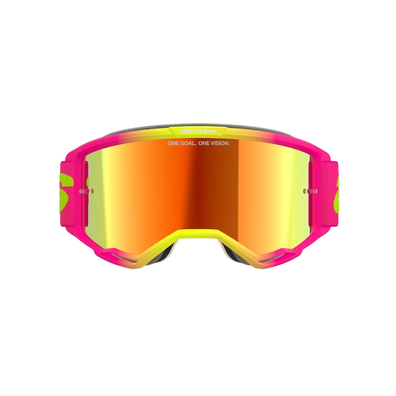 Alpinestars Vision 5 Wordmark rožinės ir fluoro geltonos spalvos motokroso akiniai su veidrodiniu raudonu stiklu
