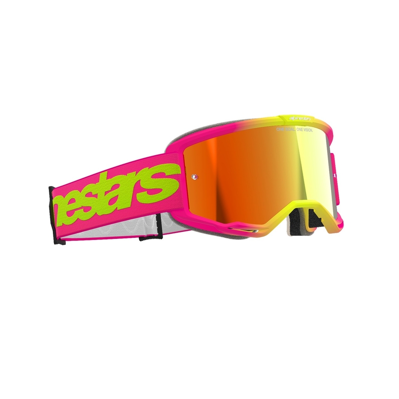 Alpinestars Vision 5 Wordmark rožinės ir fluoro geltonos spalvos motokroso akiniai su veidrodiniu raudonu stiklu