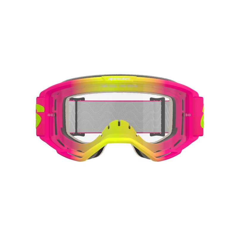 Alpinestars Vision 5 Wordmark rožinės ir fluoro geltonos spalvos motokroso akiniai su skaidriu stiklu