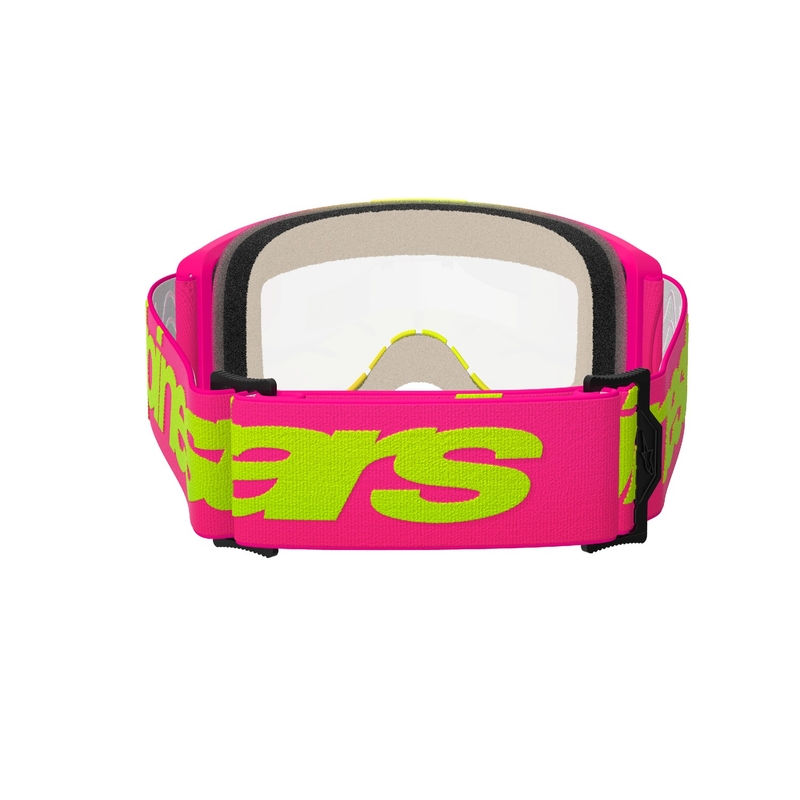 Alpinestars Vision 5 Wordmark rožinės ir fluoro geltonos spalvos motokroso akiniai su skaidriu stiklu
