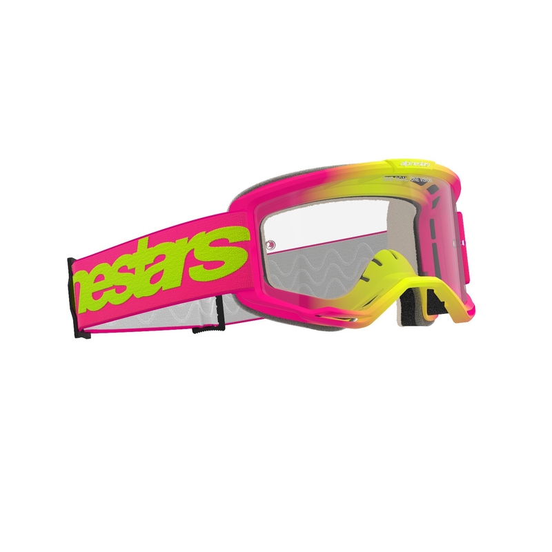 Alpinestars Vision 5 Wordmark rožinės ir fluoro geltonos spalvos motokroso akiniai su skaidriu stiklu