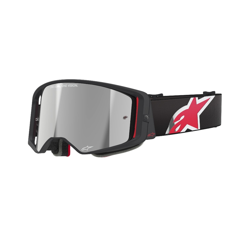 Alpinestars Supertech Corp juodai raudoni motokroso akiniai su veidrodiniais sidabriniais lęšiais